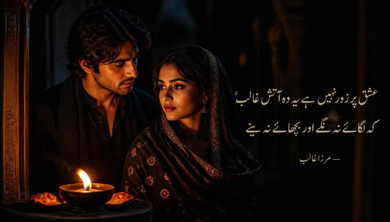 Mirza Ghalib love poetry showing a man's face brightening after seeing his beloved.