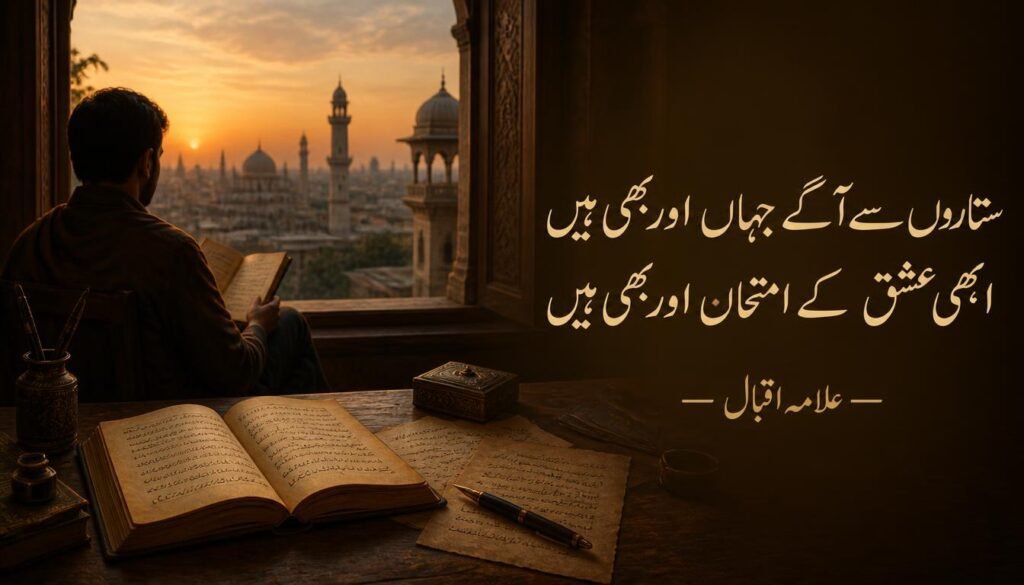 Urdu Shayari featuring Allama Iqbal's famous sher in a cinematic literary scene